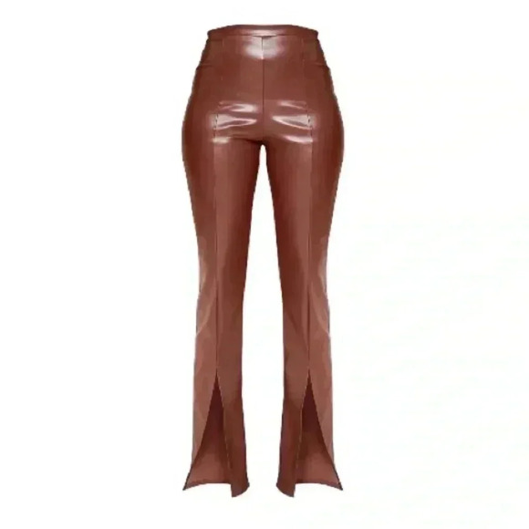 Pretty Little Thing Chocolate Faux Leather Seam Detail Split Hem Pants - Picture 1 of 7